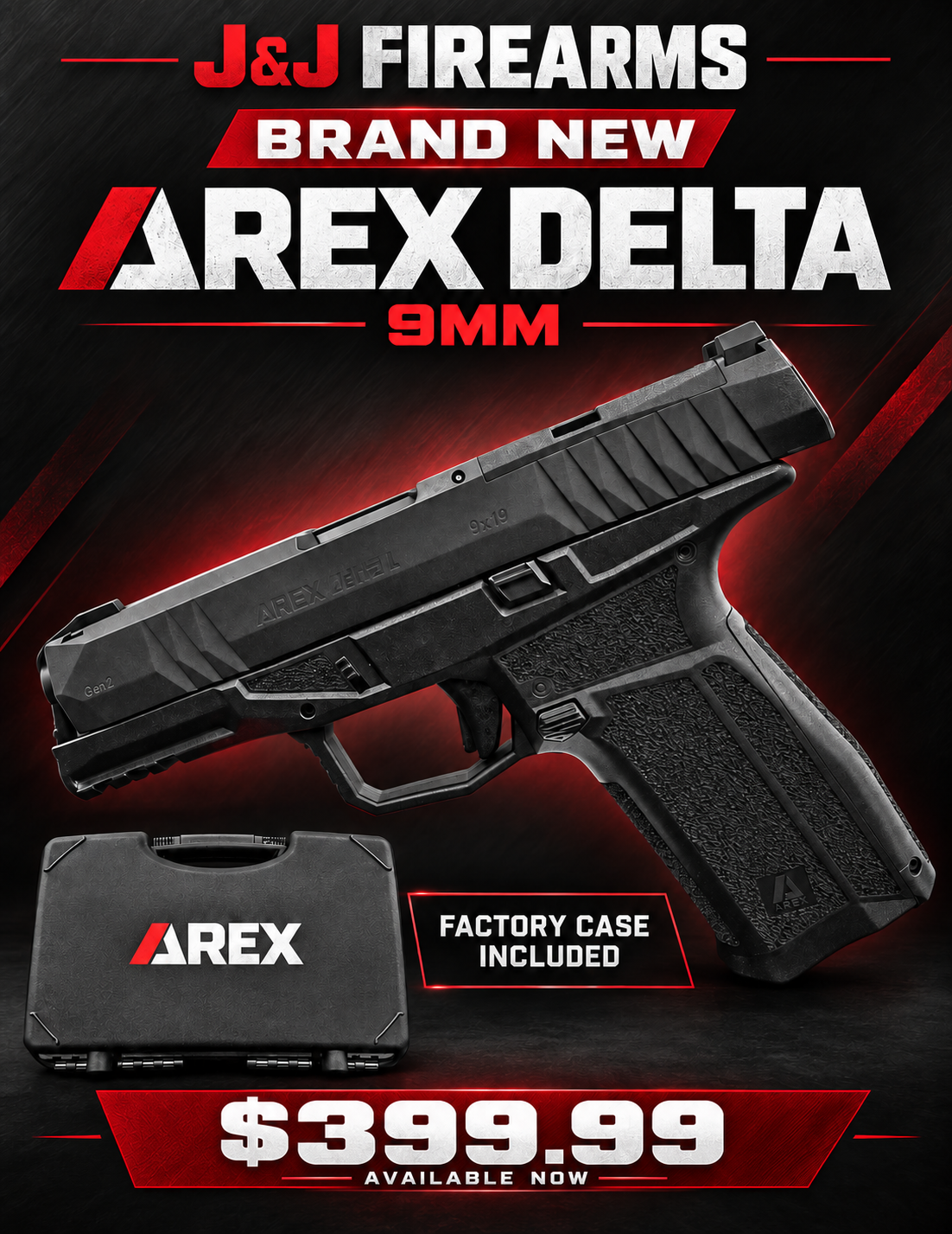 Brand-new AREX Delta Gen 2 9mm flyer priced at $399.99 with factory case included