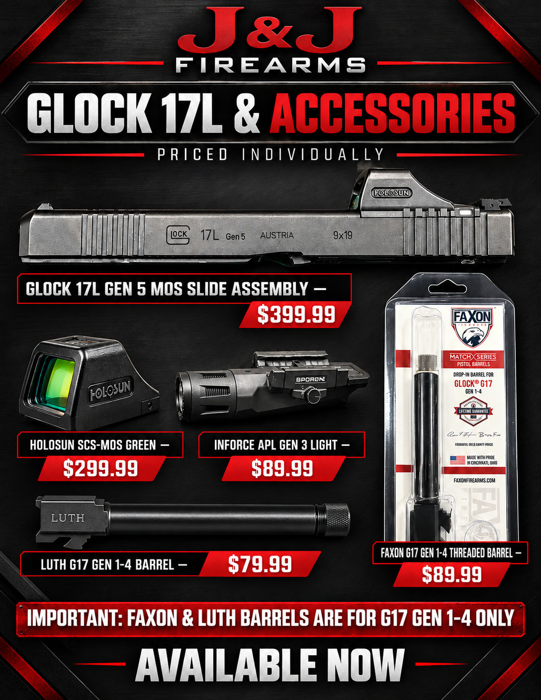 Glock 17L and accessories flyer with five parts priced individually
