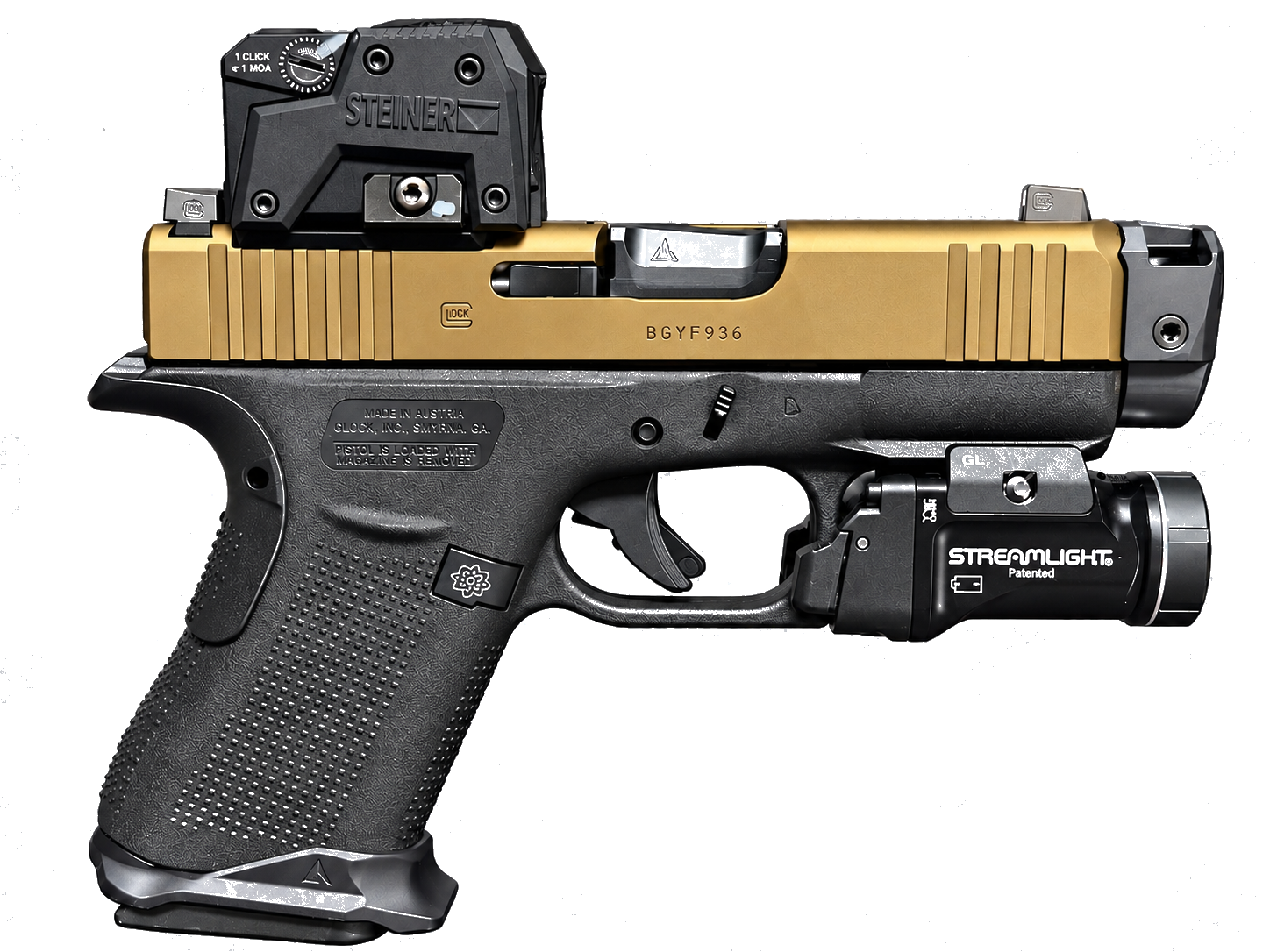 Coyote tan and black Glock 43X custom setup with Steiner optic, compensator, and Streamlight