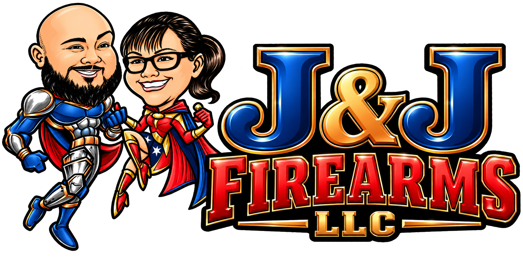 J&J Firearms LLC logo featuring Jeffrey and Jill as superheroes